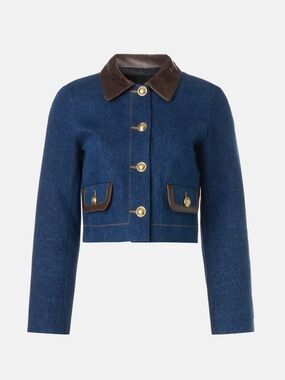 Sandro Navy Cropped Jacket with Brown Leather Trim
